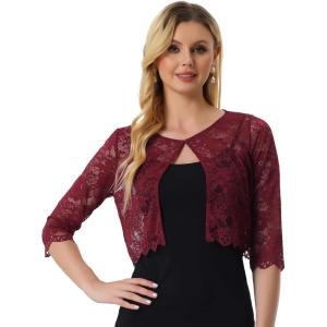 imageAllegra K Womens Lace Cardigan Open Front Lace Shrug Elegant Sheer Floral Cropped Bolero Lace TopsClaret Red