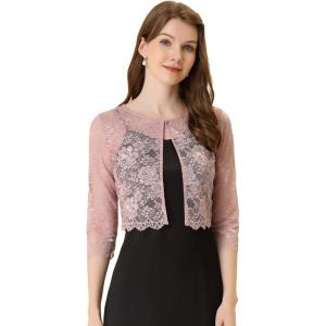 imageAllegra K Womens Lace Cardigan Open Front Lace Shrug Elegant Sheer Floral Cropped Bolero Lace TopsGrey Pink