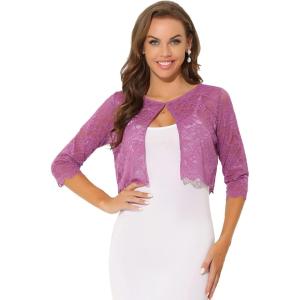 imageAllegra K Womens Lace Cardigan Open Front Lace Shrug Elegant Sheer Floral Cropped Bolero Lace TopsPink Purple