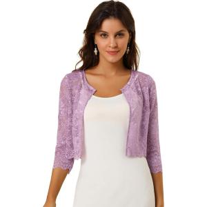 imageAllegra K Womens Lace Cardigan Open Front Lace Shrug Elegant Sheer Floral Cropped Bolero Lace TopsPurple