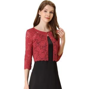 imageAllegra K Womens Lace Cardigan Open Front Lace Shrug Elegant Sheer Floral Cropped Bolero Lace TopsRed