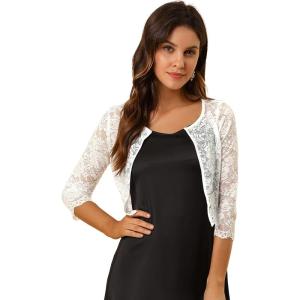 imageAllegra K Womens Lace Cardigan Open Front Lace Shrug Elegant Sheer Floral Cropped Bolero Lace TopsWhite