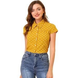 imageAllegra K Womens Vintage Polka Dots Shirt Retro Short Sleeve Button Up TopsYellow