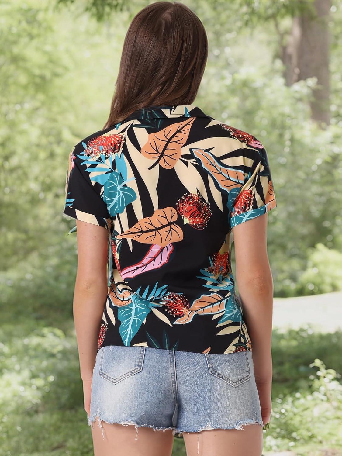 imageAllegra K Womens Hawaiian Shirts Floral Top Printed Short Sleeve Button Down Shirt Summer Tropical TopsBlacks