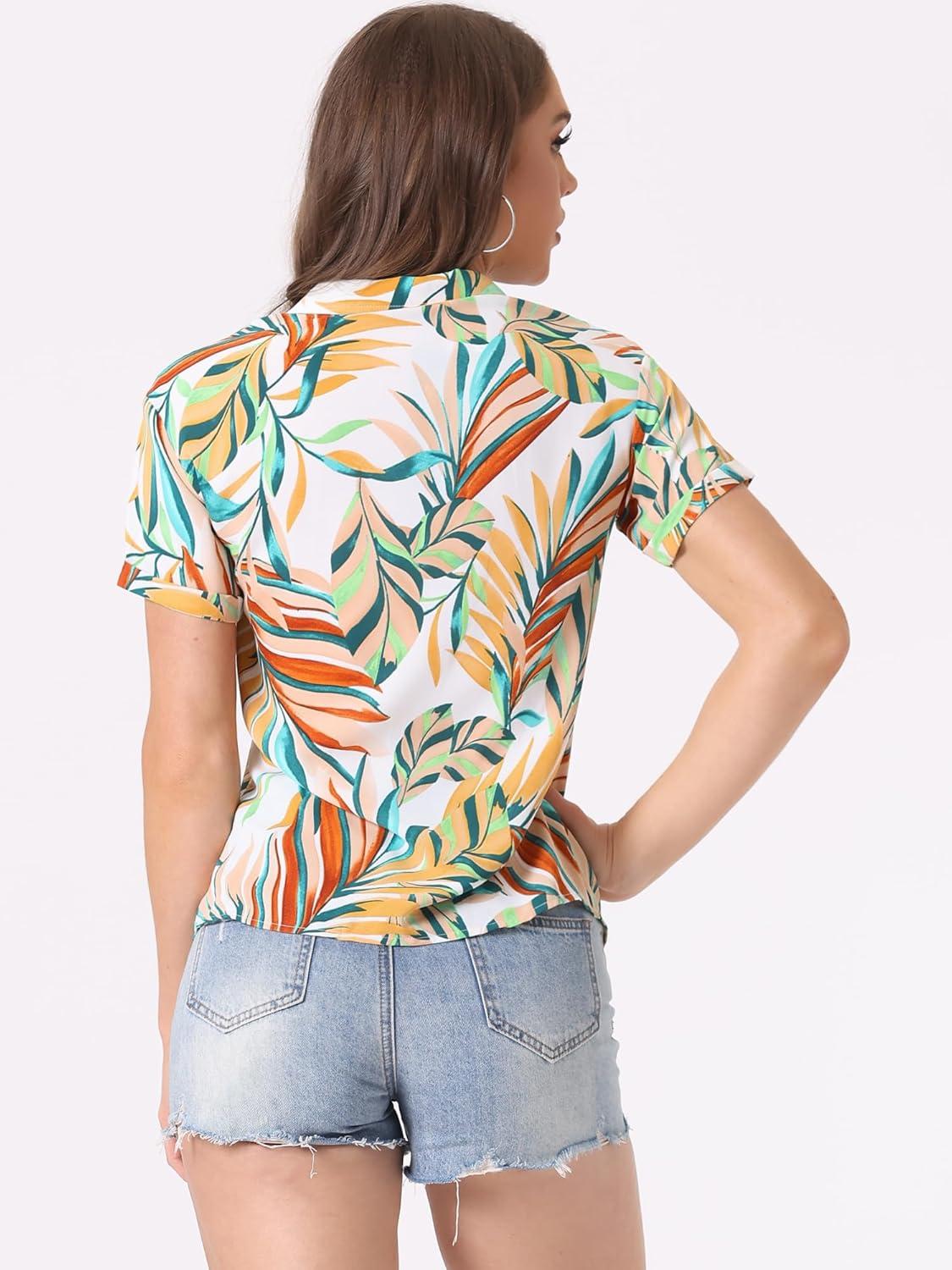 imageAllegra K Womens Hawaiian Shirts Floral Top Printed Short Sleeve Button Down Shirt Summer Tropical TopsWhite Yellow