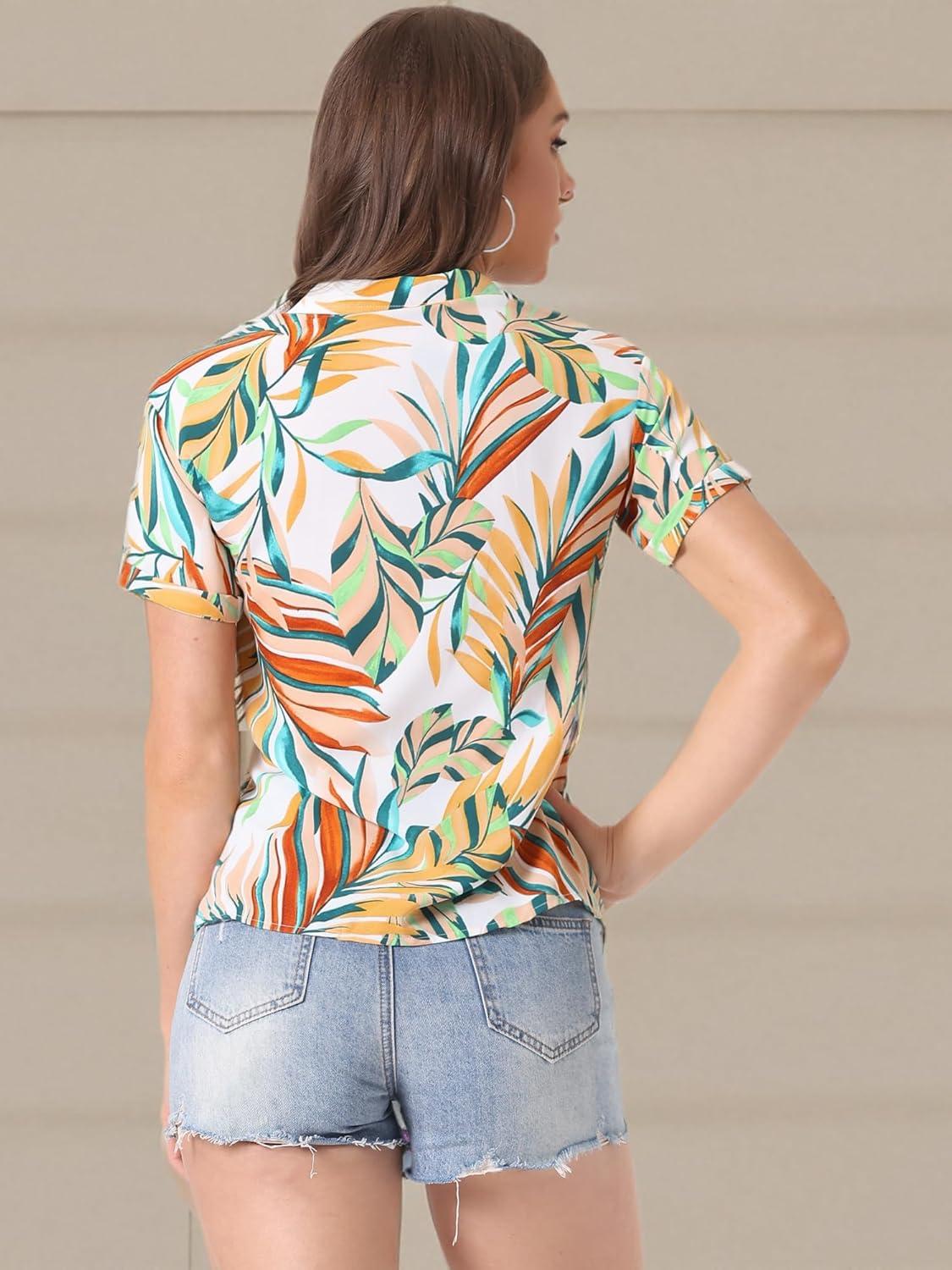 imageAllegra K Womens Hawaiian Shirts Floral Top Printed Short Sleeve Button Down Shirt Summer Tropical TopsWhite Yellow