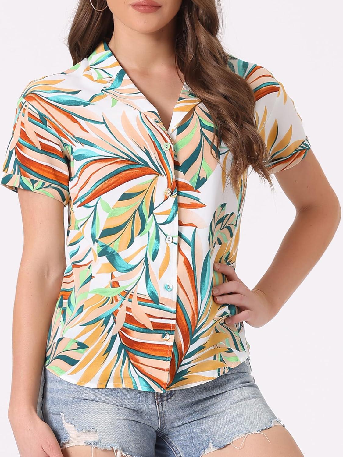 imageAllegra K Womens Hawaiian Shirts Floral Top Printed Short Sleeve Button Down Shirt Summer Tropical TopsWhite Yellow