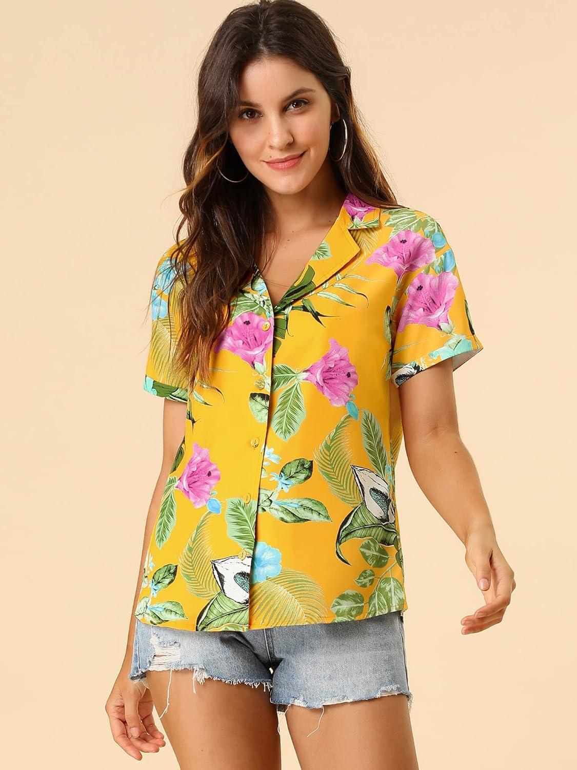 imageAllegra K Womens Hawaiian Shirts Floral Top Printed Short Sleeve Button Down Shirt Summer Tropical TopsYellow