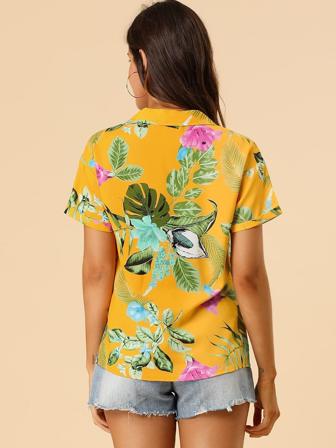 imageAllegra K Womens Hawaiian Shirts Floral Top Printed Short Sleeve Button Down Shirt Summer Tropical TopsYellow