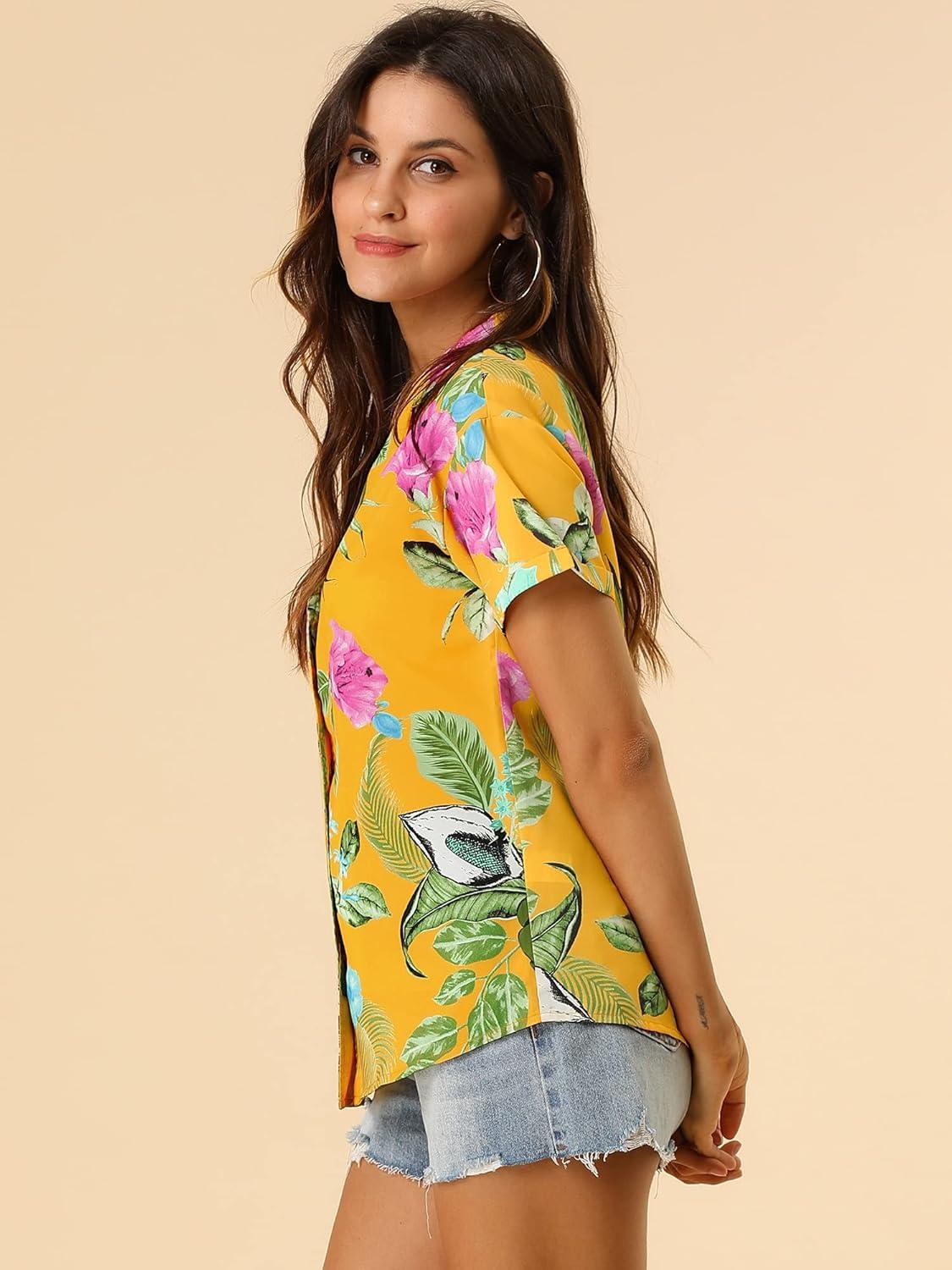 imageAllegra K Womens Hawaiian Shirts Floral Top Printed Short Sleeve Button Down Shirt Summer Tropical TopsYellow