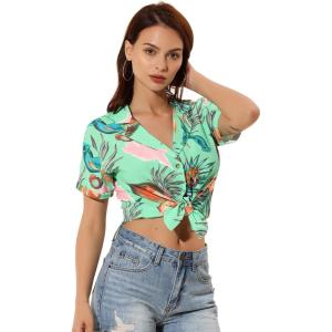 imageAllegra K Womens Hawaiian Shirts Floral Top Printed Short Sleeve Button Down Shirt Summer Tropical TopsGreen a