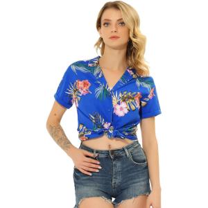 imageAllegra K Womens Hawaiian Shirts Floral Top Printed Short Sleeve Button Down Shirt Summer Tropical TopsRoyal Blue