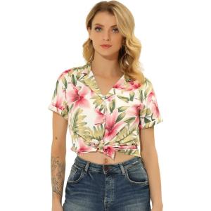 imageAllegra K Womens Hawaiian Shirts Floral Top Printed Short Sleeve Button Down Shirt Summer Tropical TopsWhite Pink