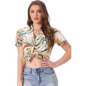 imageAllegra K Womens Hawaiian Shirts Floral Top Printed Short Sleeve Button Down Shirt Summer Tropical TopsWhite Yellow