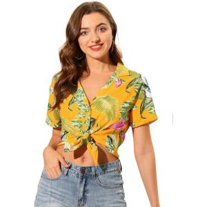 imageAllegra K Womens Hawaiian Shirts Floral Top Printed Short Sleeve Button Down Shirt Summer Tropical TopsYellow
