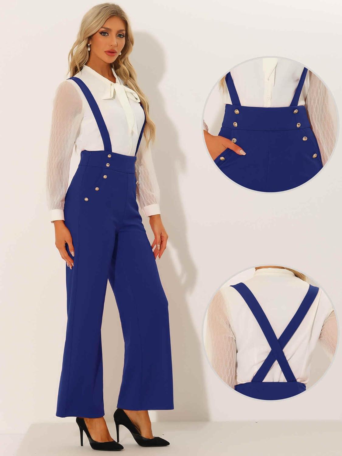 imageAllegra K Casual Office Jumpsuits for Womens Adjustable Straps Wide Leg Suspenders Pants OverallBlue