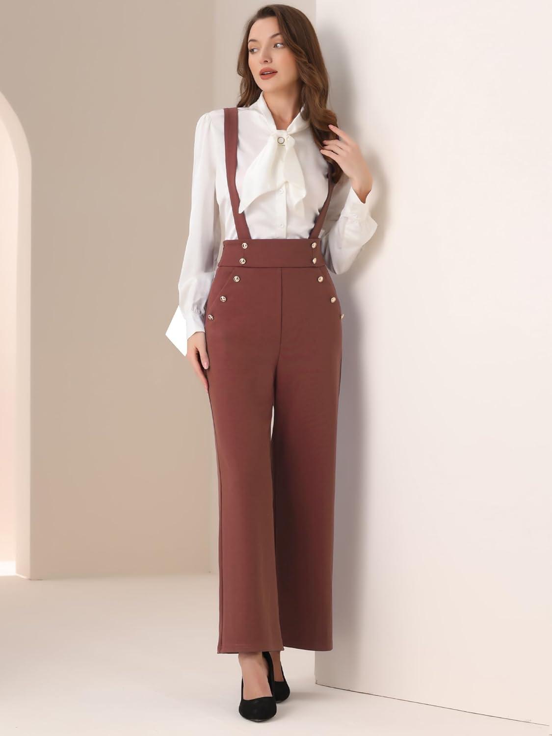 imageAllegra K Casual Office Jumpsuits for Womens Adjustable Straps Wide Leg Suspenders Pants OverallBrown