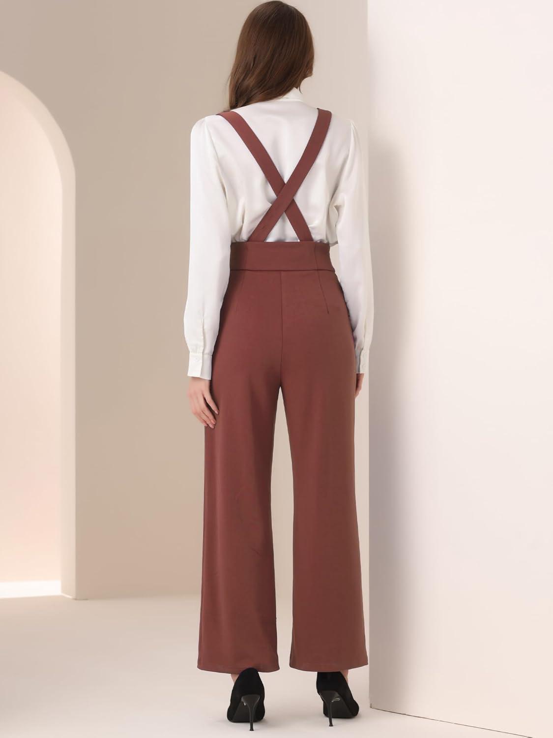 imageAllegra K Casual Office Jumpsuits for Womens Adjustable Straps Wide Leg Suspenders Pants OverallBrown