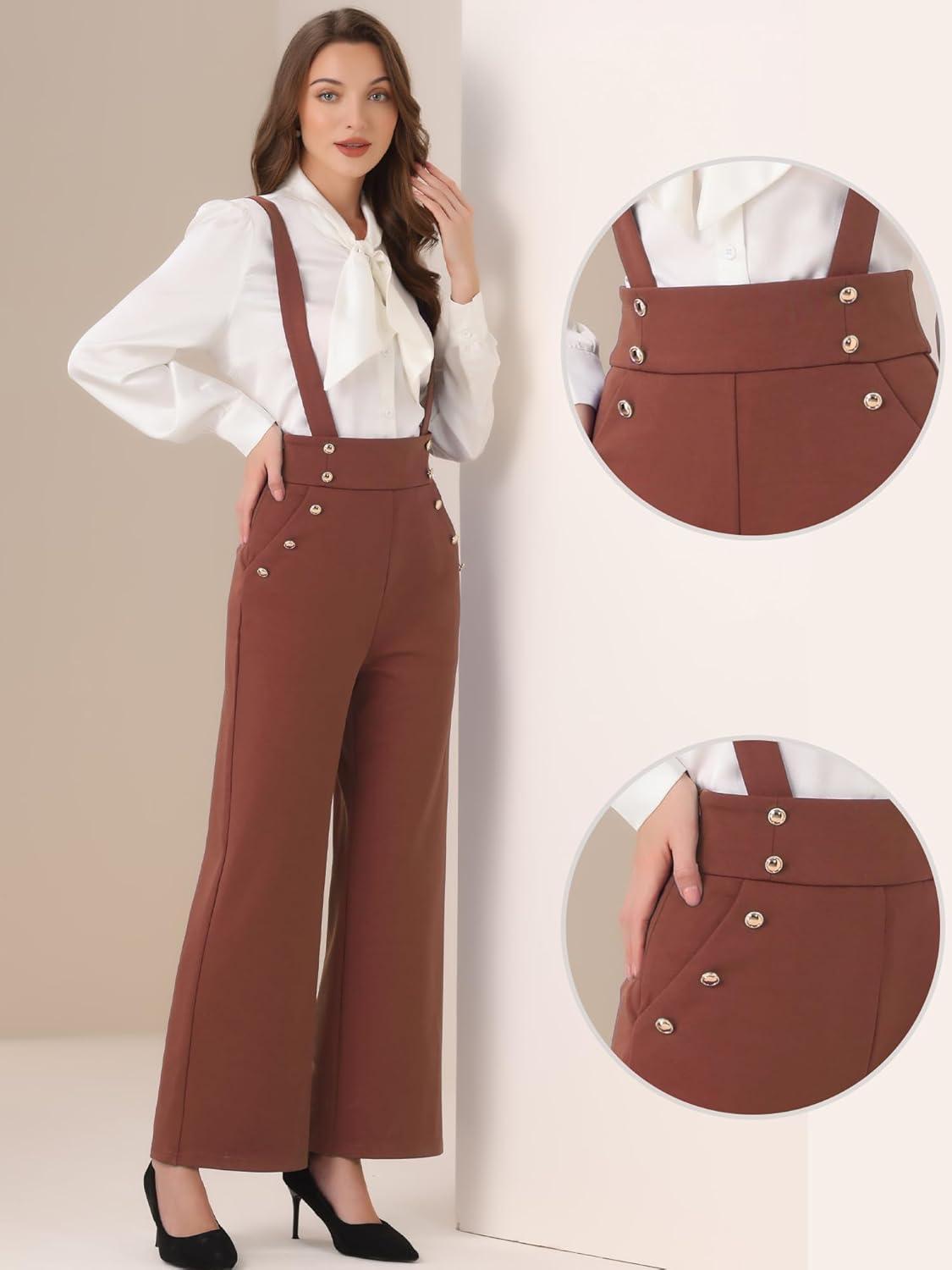 imageAllegra K Casual Office Jumpsuits for Womens Adjustable Straps Wide Leg Suspenders Pants OverallBrown