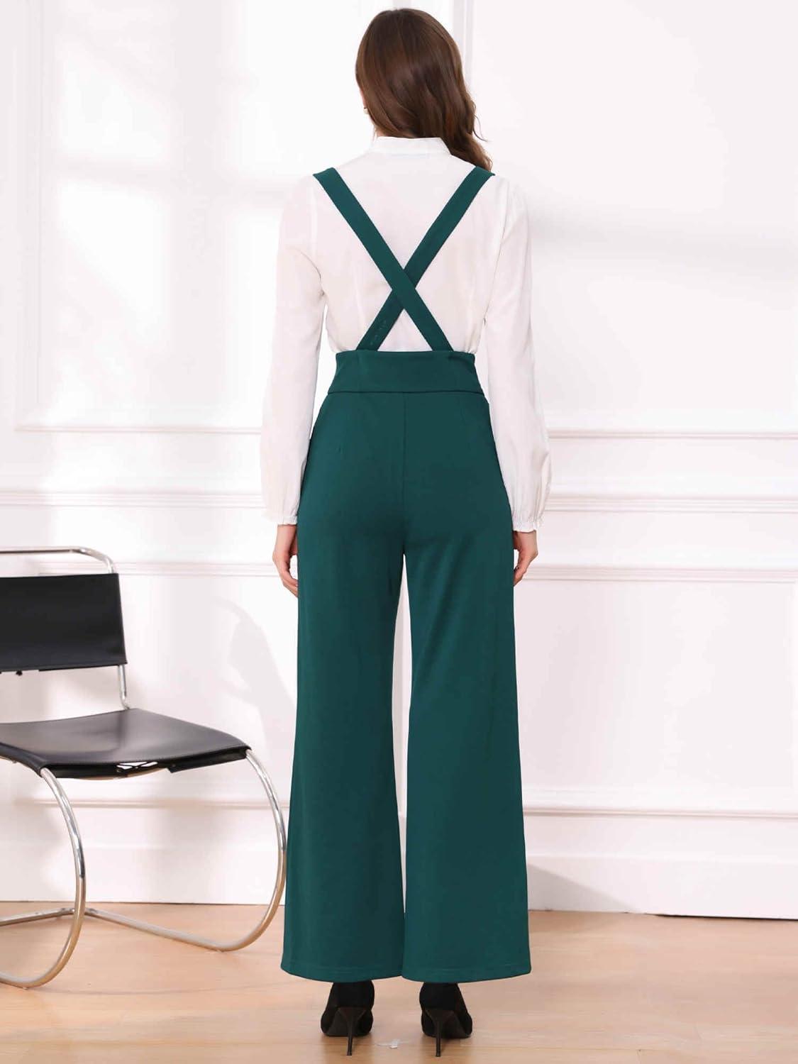 imageAllegra K Casual Office Jumpsuits for Womens Adjustable Straps Wide Leg Suspenders Pants OverallGreen