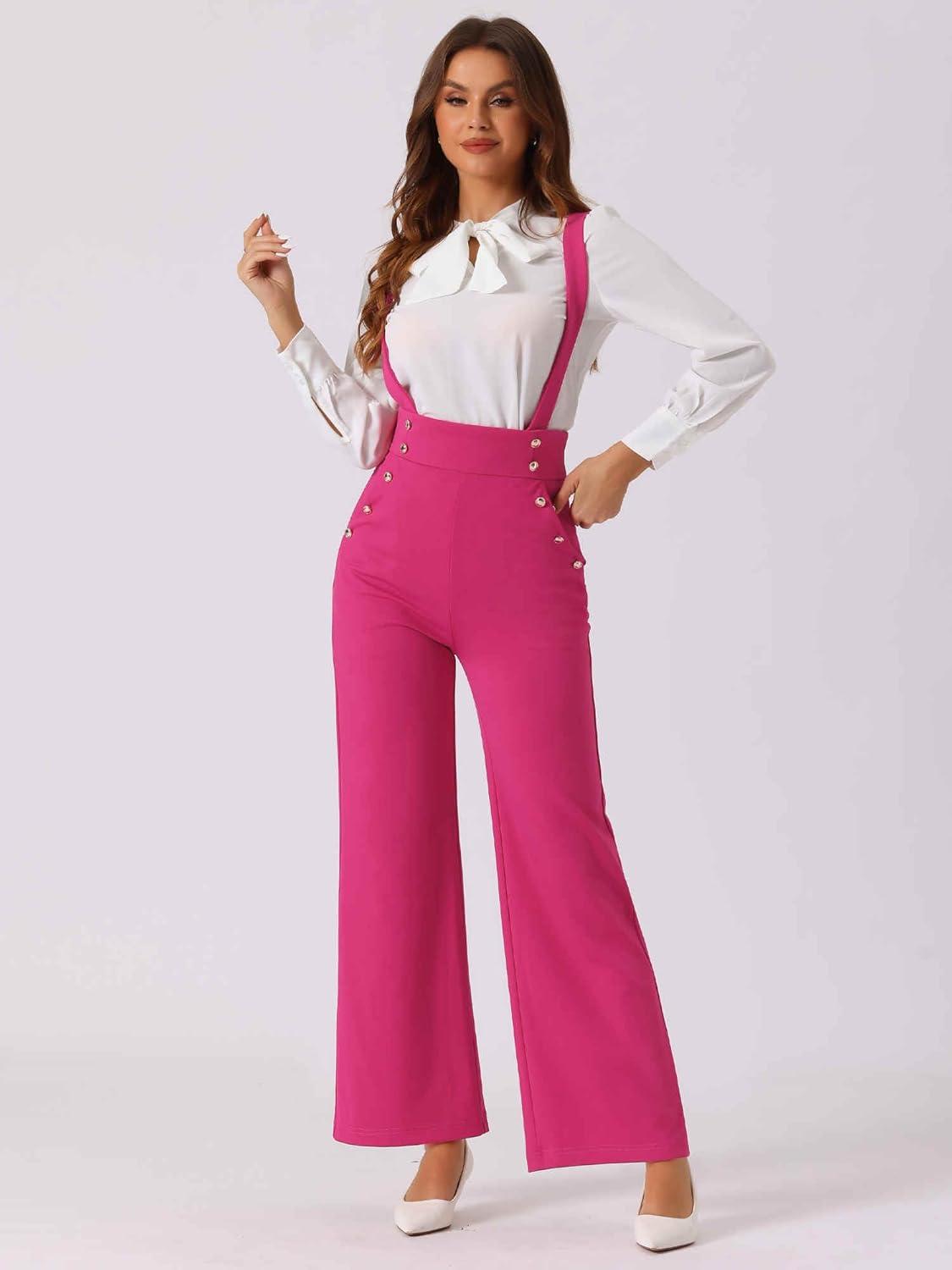 imageAllegra K Casual Office Jumpsuits for Womens Adjustable Straps Wide Leg Suspenders Pants OverallHot Pink