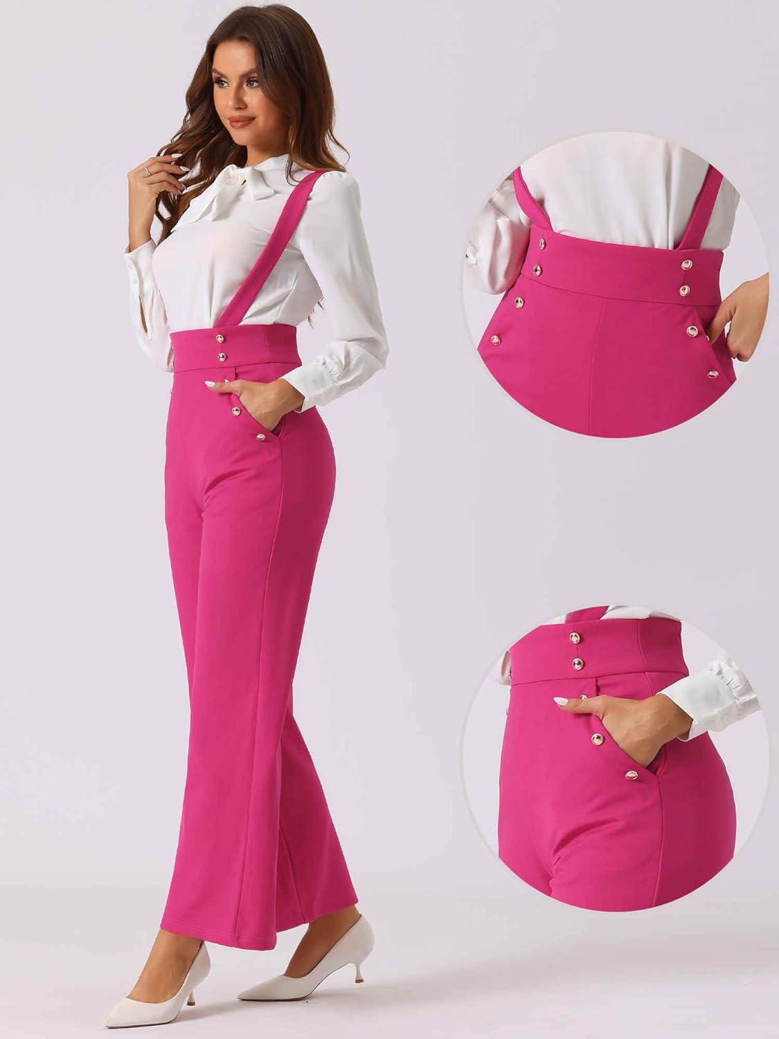 imageAllegra K Casual Office Jumpsuits for Womens Adjustable Straps Wide Leg Suspenders Pants OverallHot Pink