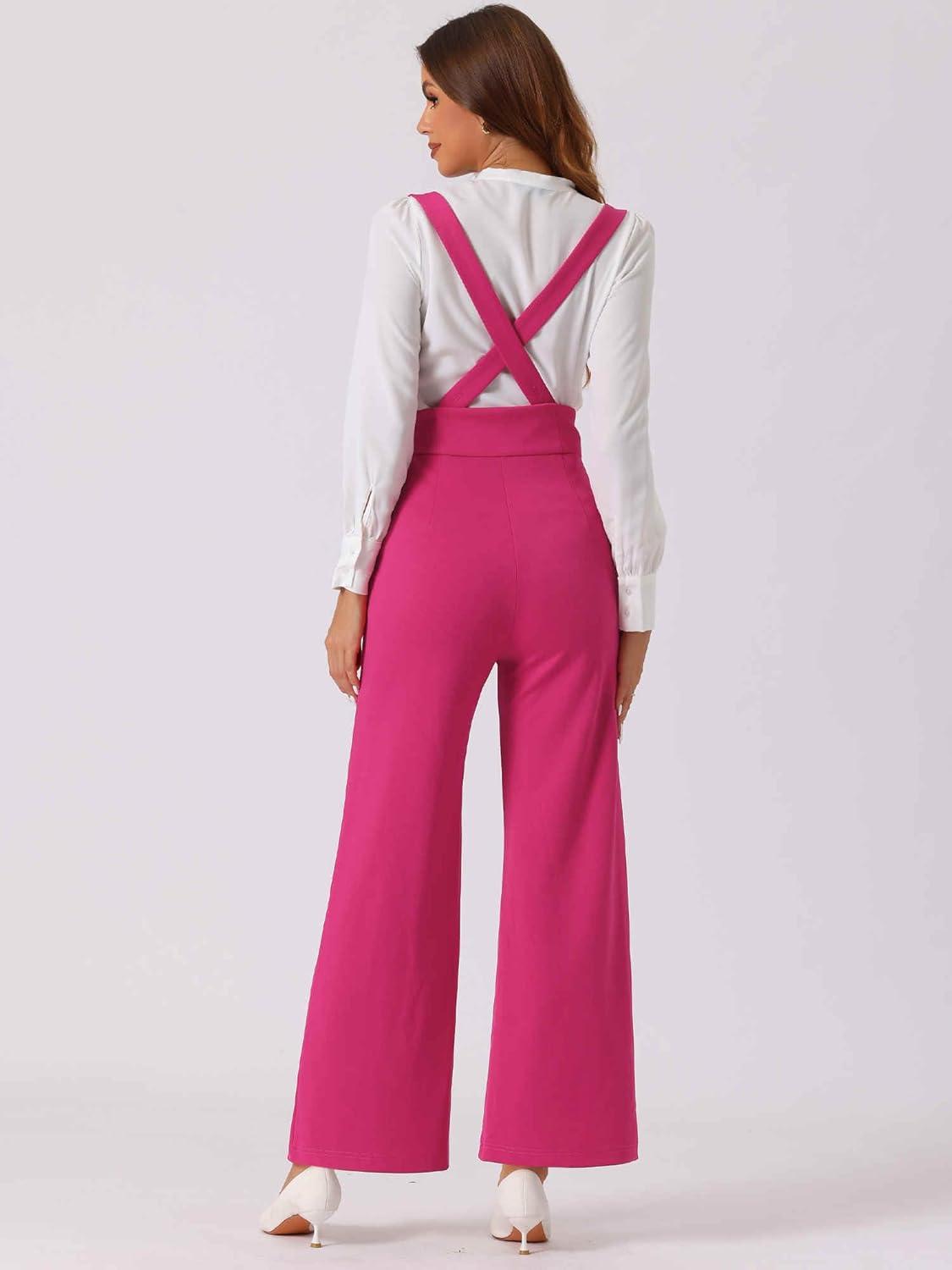 imageAllegra K Casual Office Jumpsuits for Womens Adjustable Straps Wide Leg Suspenders Pants OverallHot Pink