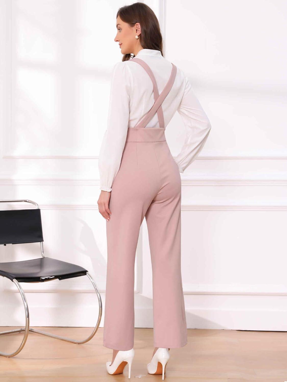 imageAllegra K Casual Office Jumpsuits for Womens Adjustable Straps Wide Leg Suspenders Pants OverallPink