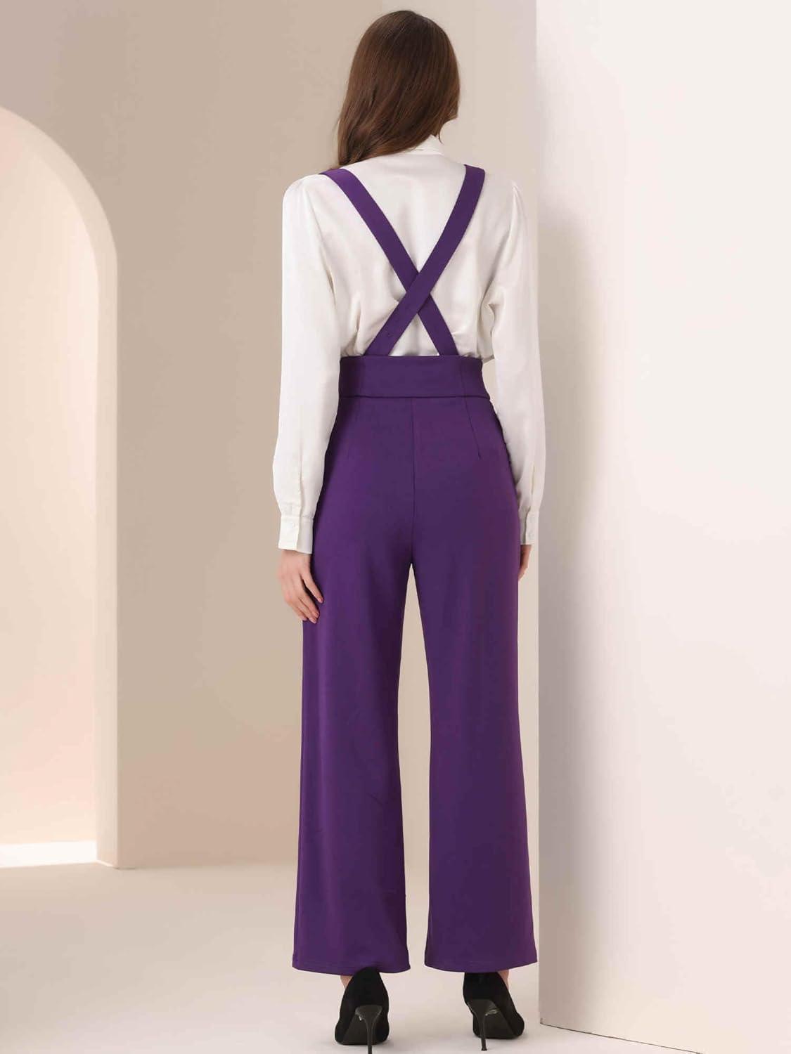 imageAllegra K Casual Office Jumpsuits for Womens Adjustable Straps Wide Leg Suspenders Pants OverallPurple