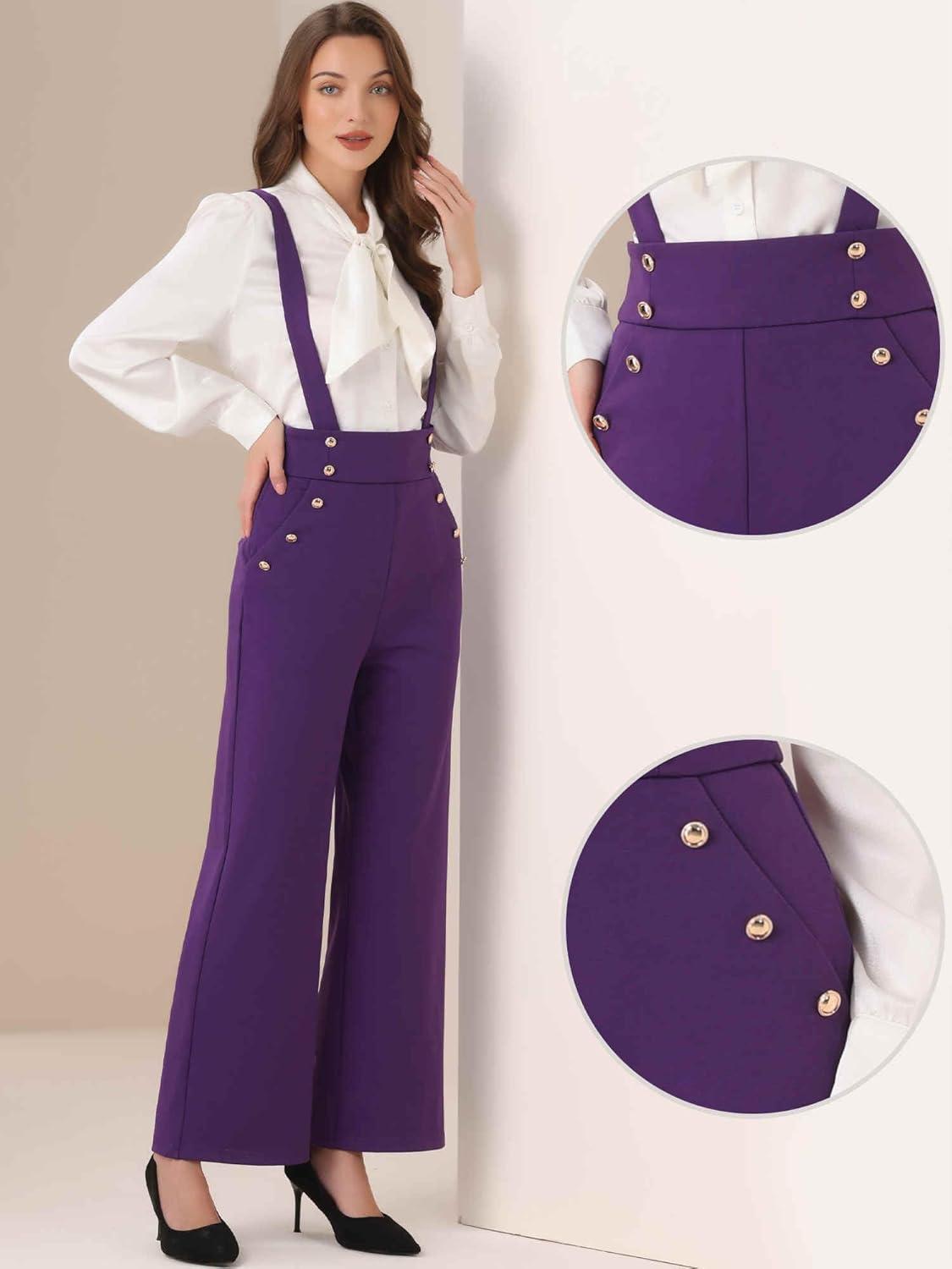 imageAllegra K Casual Office Jumpsuits for Womens Adjustable Straps Wide Leg Suspenders Pants OverallPurple