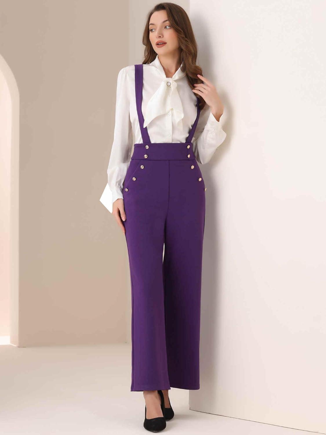 imageAllegra K Casual Office Jumpsuits for Womens Adjustable Straps Wide Leg Suspenders Pants OverallPurple