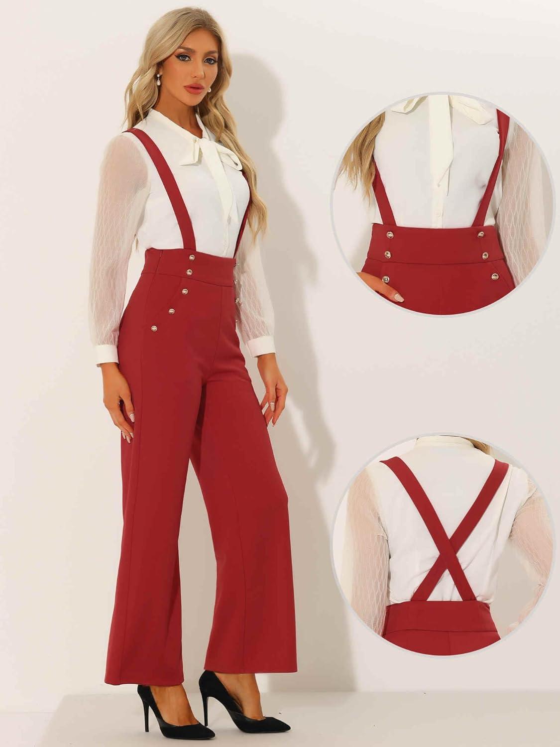 imageAllegra K Casual Office Jumpsuits for Womens Adjustable Straps Wide Leg Suspenders Pants OverallRed