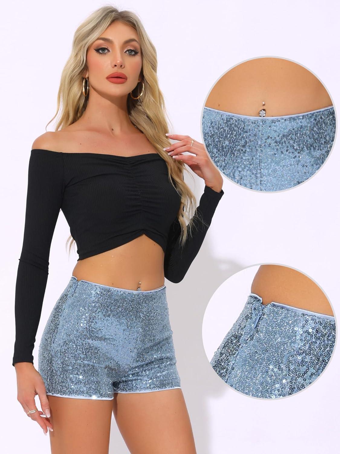 imageAllegra K Sequin Shorts for Women High Waist Party Night Out Concert Outfit Sparkly Mini ShortsGrey Blue