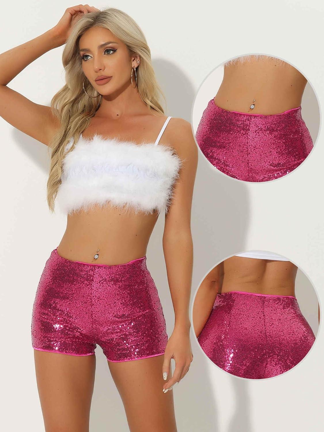 imageAllegra K Sequin Shorts for Women High Waist Party Night Out Concert Outfit Sparkly Mini ShortsHot Pink