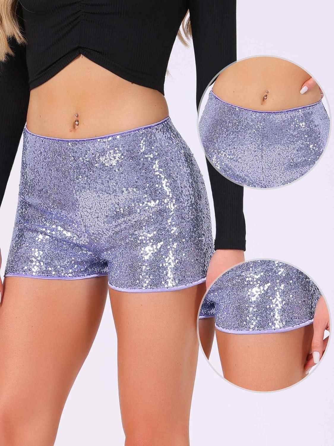 imageAllegra K Sequin Shorts for Women High Waist Party Night Out Concert Outfit Sparkly Mini ShortsLight Purple