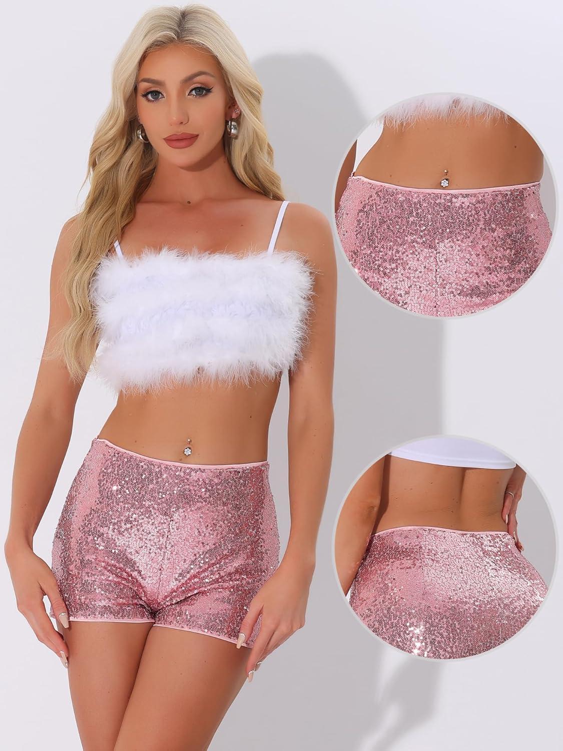 imageAllegra K Sequin Shorts for Women High Waist Party Night Out Concert Outfit Sparkly Mini ShortsPink