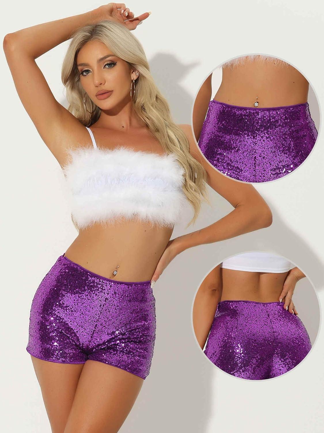 imageAllegra K Sequin Shorts for Women High Waist Party Night Out Concert Outfit Sparkly Mini ShortsPurple