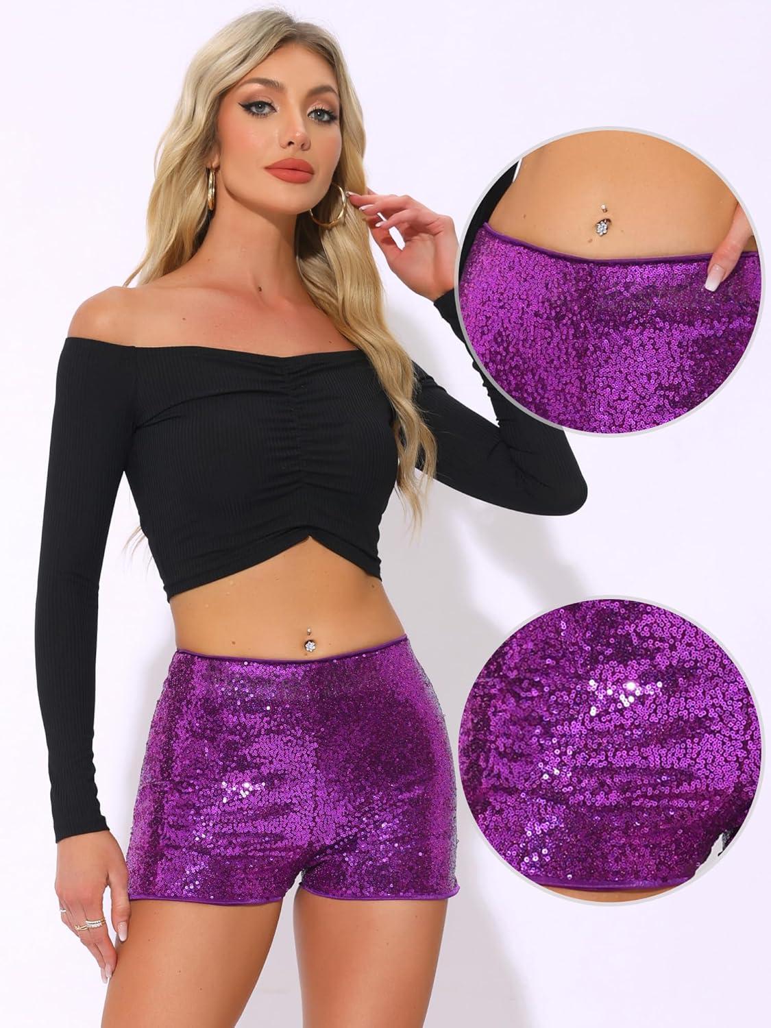 imageAllegra K Sequin Shorts for Women High Waist Party Night Out Concert Outfit Sparkly Mini ShortsPurple1