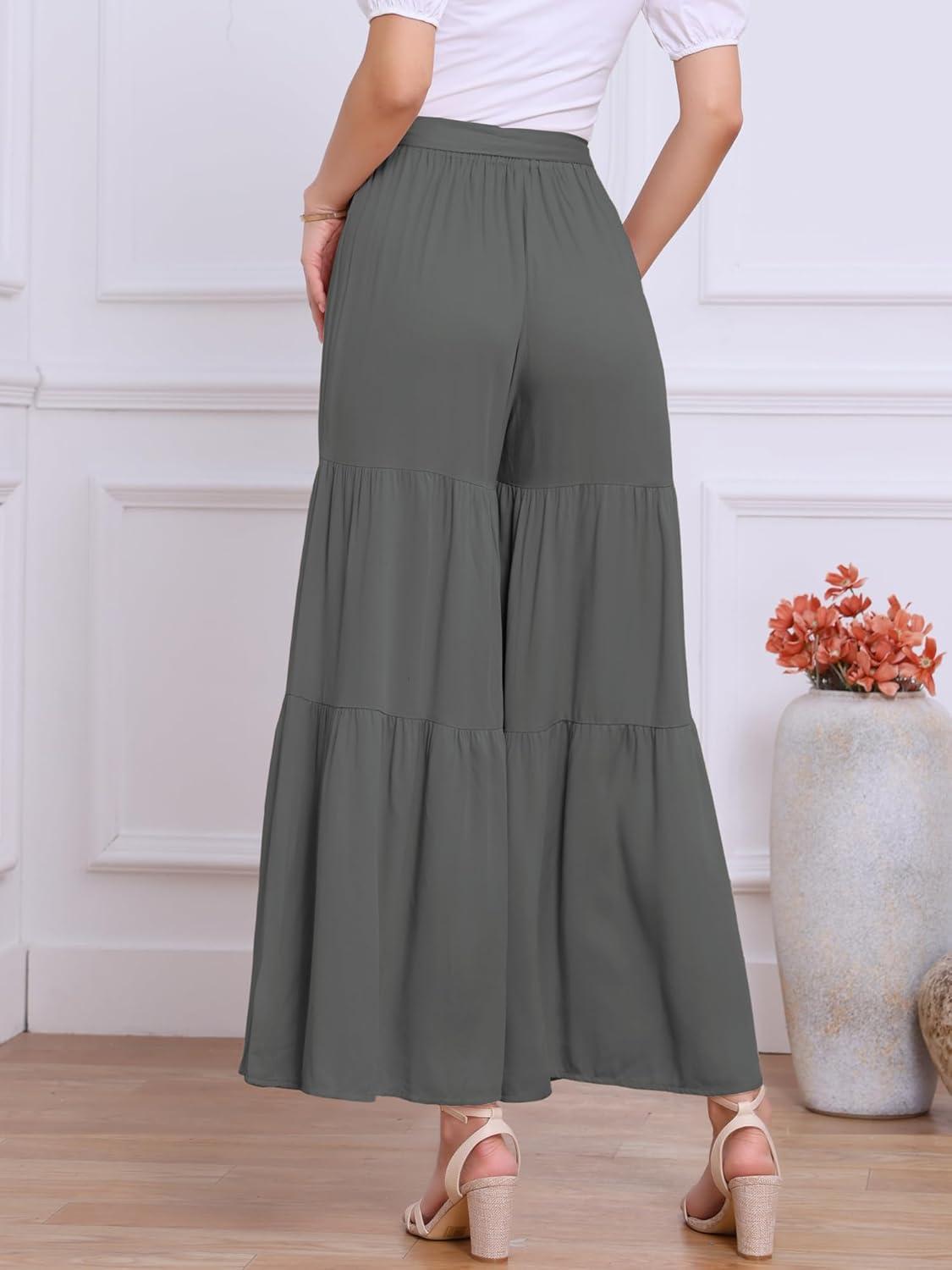 imageAllegra K Womens Boho Elastic High Waisted Ruffles Flare Palazzo Wide Leg PantsGrey
