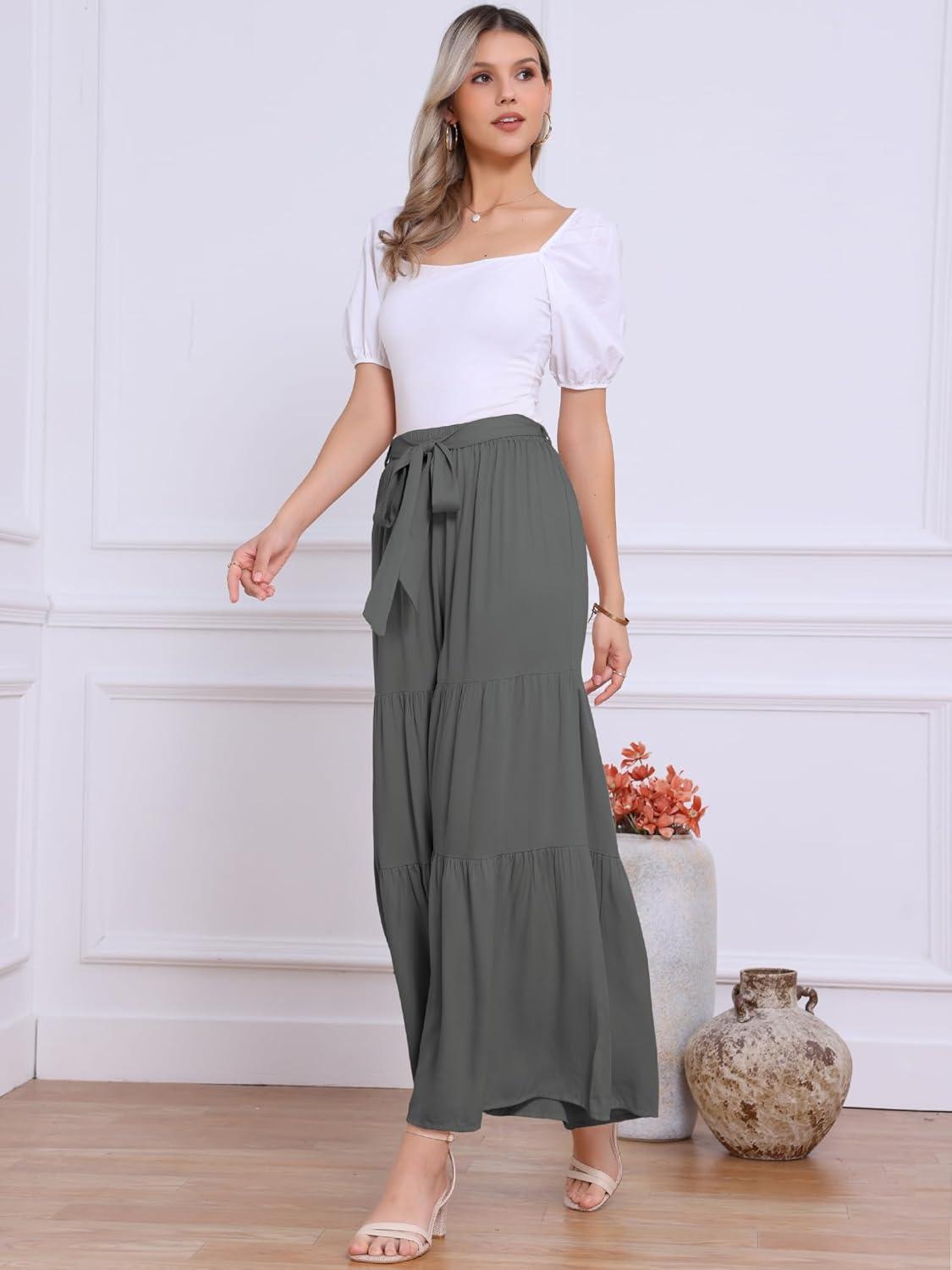 imageAllegra K Womens Boho Elastic High Waisted Ruffles Flare Palazzo Wide Leg PantsGrey
