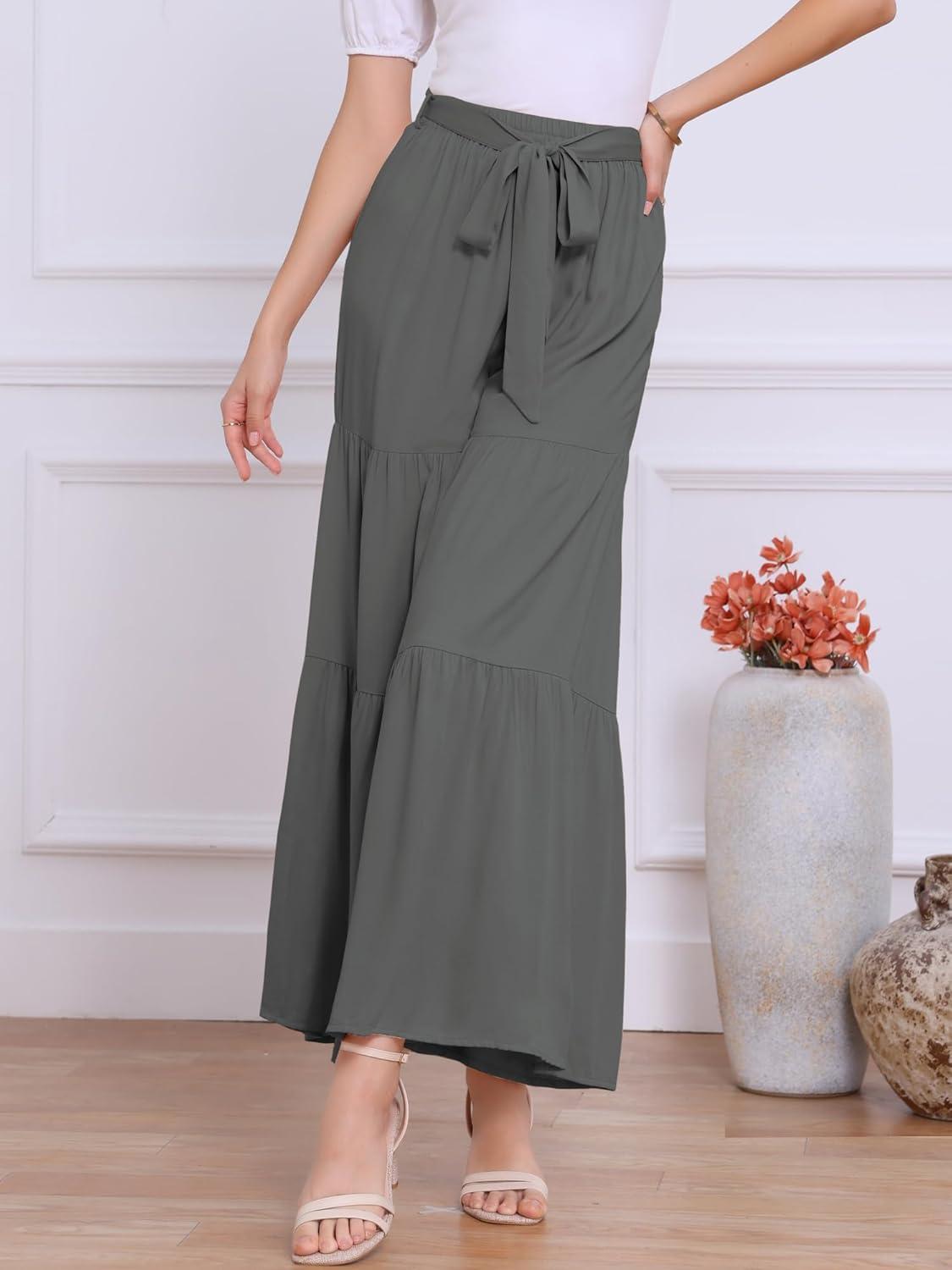 imageAllegra K Womens Boho Elastic High Waisted Ruffles Flare Palazzo Wide Leg PantsGrey