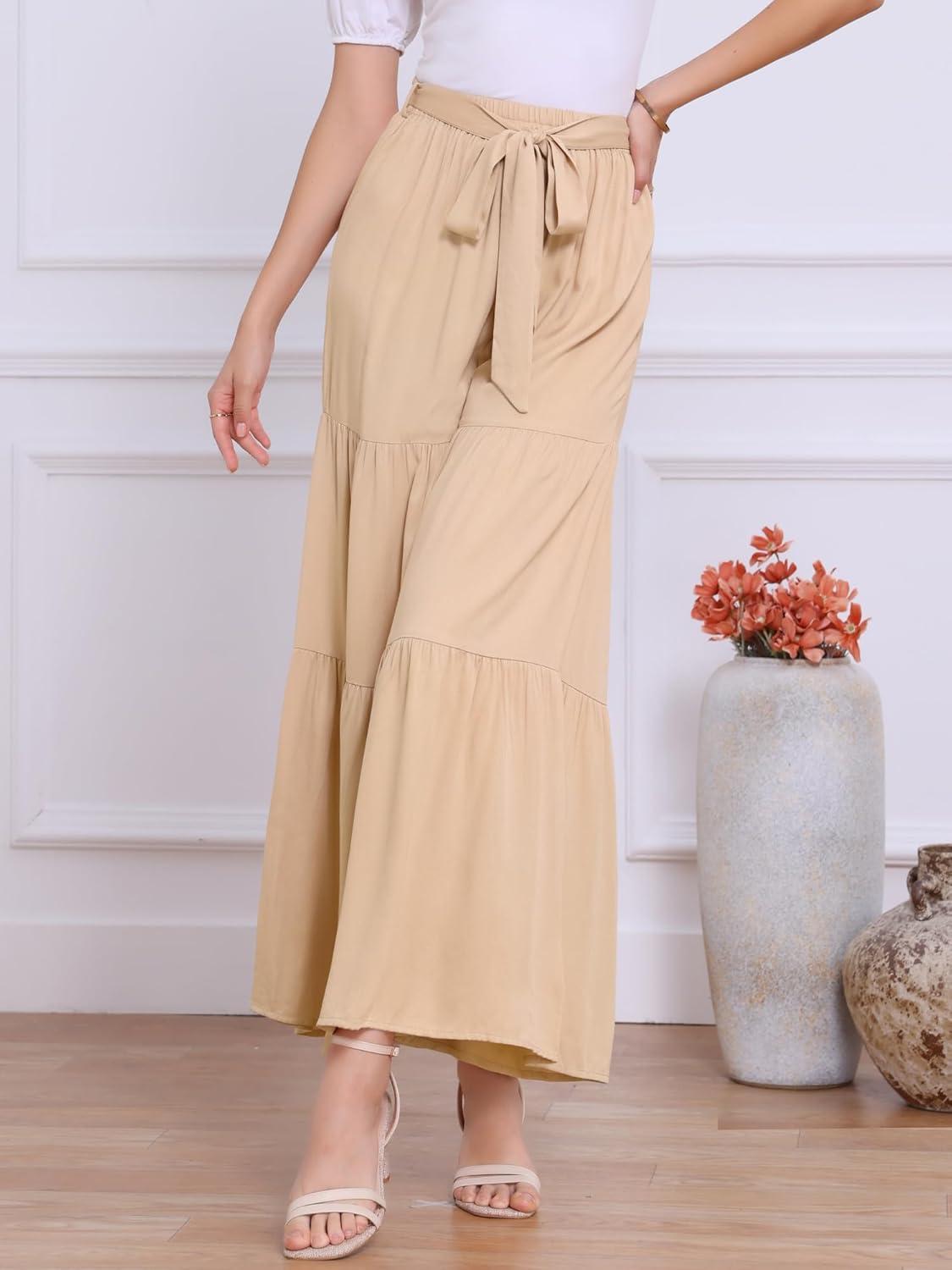 imageAllegra K Womens Boho Elastic High Waisted Ruffles Flare Palazzo Wide Leg PantsLight Khaki