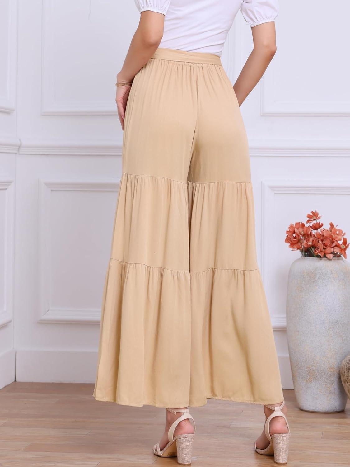 imageAllegra K Womens Boho Elastic High Waisted Ruffles Flare Palazzo Wide Leg PantsLight Khaki