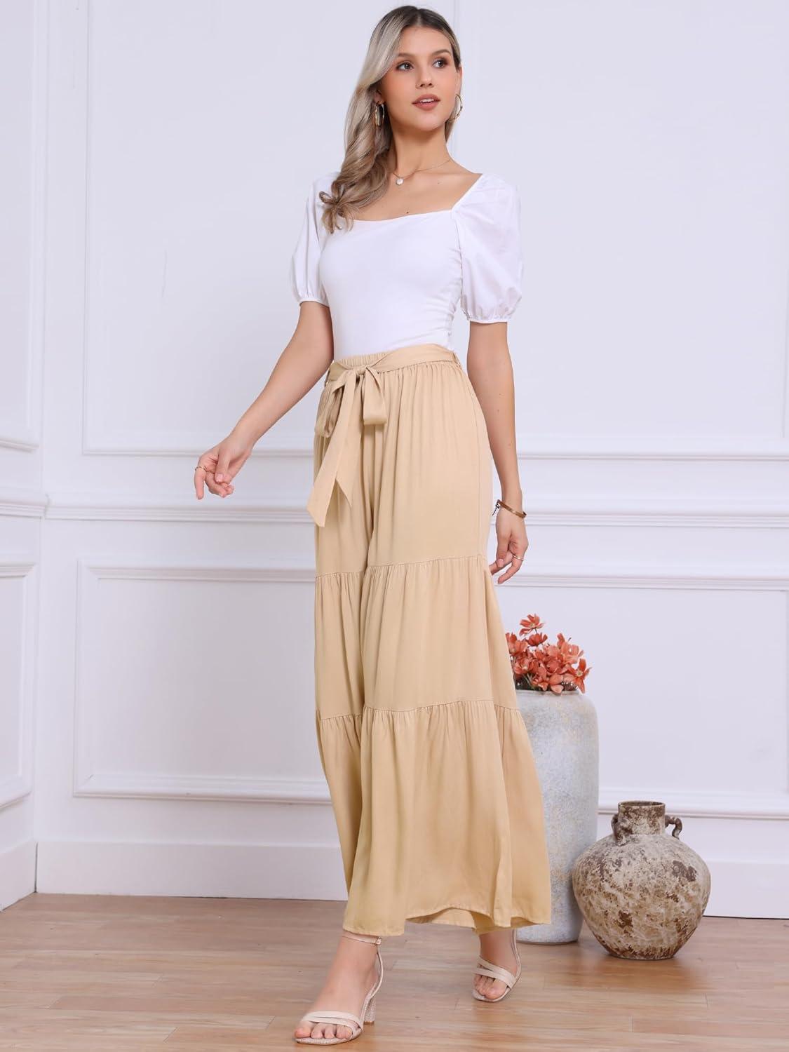 imageAllegra K Womens Boho Elastic High Waisted Ruffles Flare Palazzo Wide Leg PantsLight Khaki