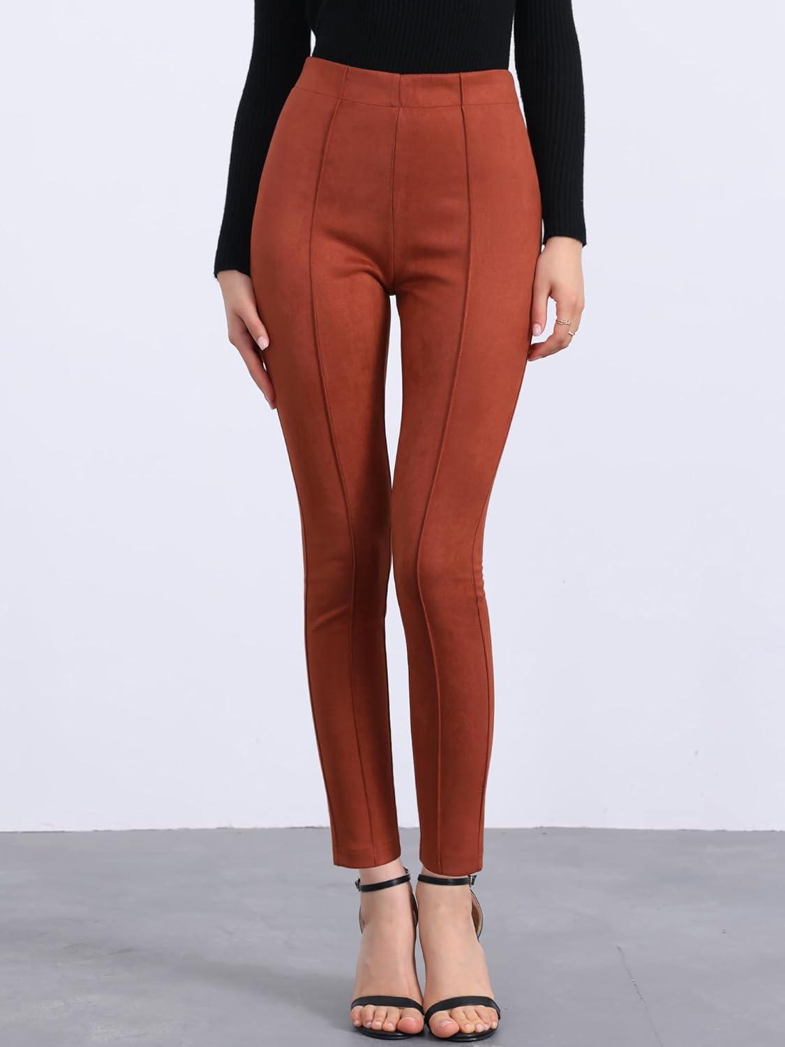 imageAllegra K Womens Faux Suede Leggings High Waisted Stretch Casual Faux Leather Pants for WomenBrown Red