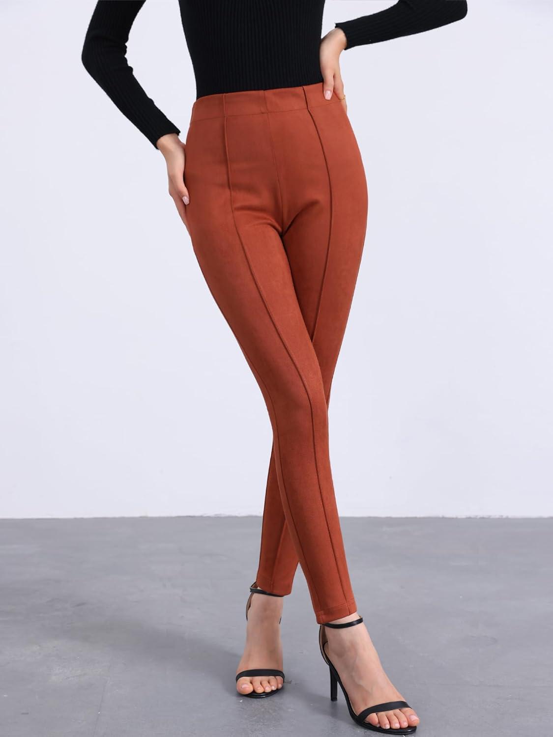 imageAllegra K Womens Faux Suede Leggings High Waisted Stretch Casual Faux Leather Pants for WomenBrown Red
