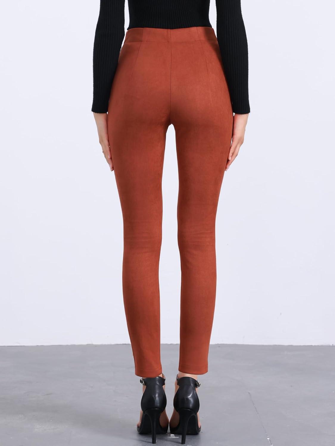 imageAllegra K Womens Faux Suede Leggings High Waisted Stretch Casual Faux Leather Pants for WomenBrown Red