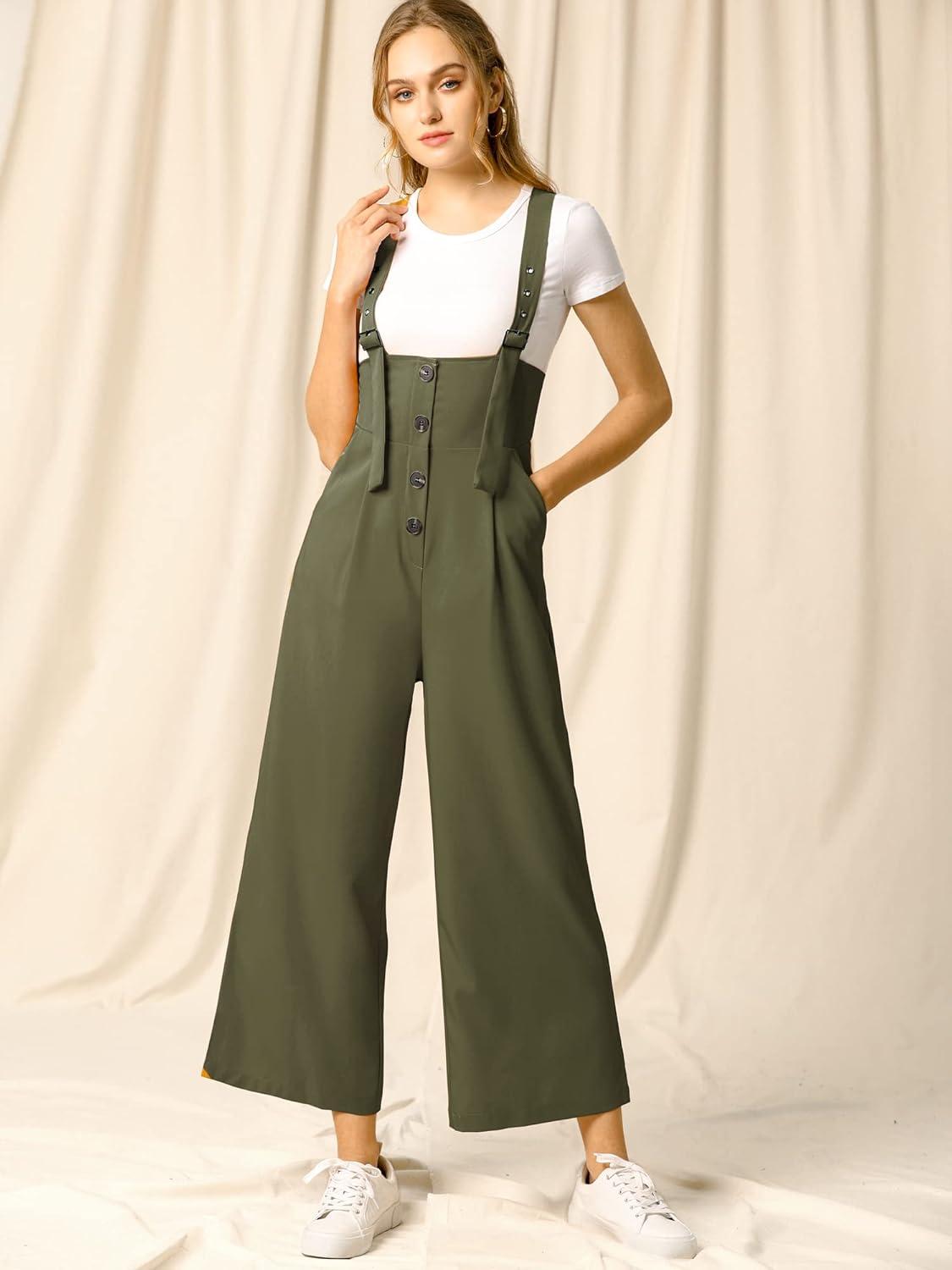 imageAllegra K Womens Wide Leg Overalls Loose Fit Belted High Waist Suspenders JumpsuitsArmy Green