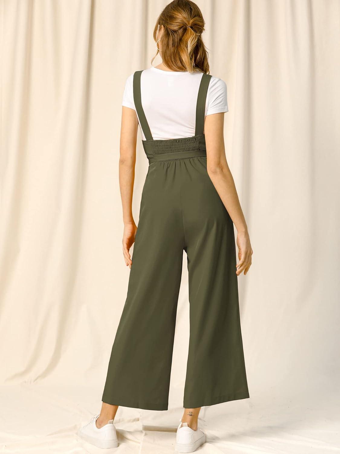 imageAllegra K Womens Wide Leg Overalls Loose Fit Belted High Waist Suspenders JumpsuitsArmy Green