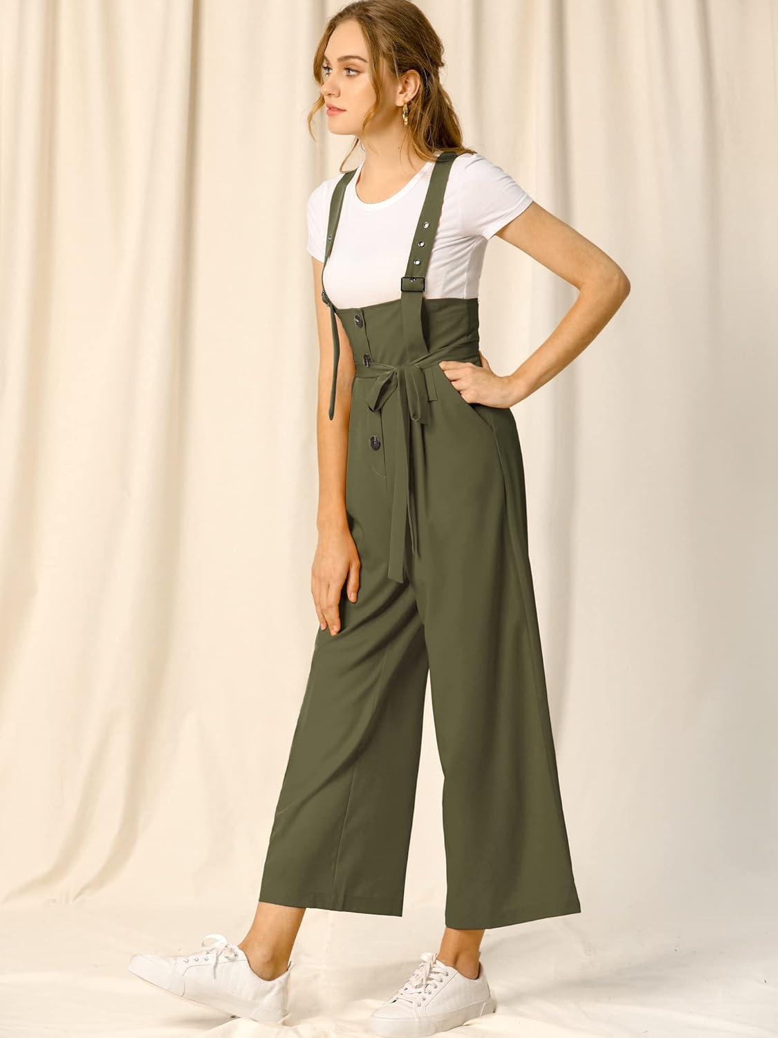 imageAllegra K Womens Wide Leg Overalls Loose Fit Belted High Waist Suspenders JumpsuitsArmy Green